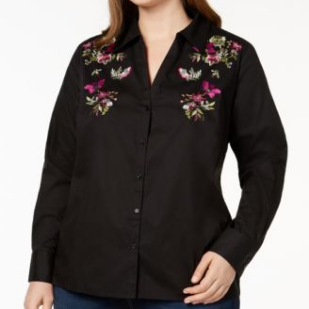Femme Force Floral Embroidered Shirt - DEEP BLACK
